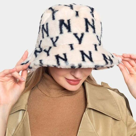 NY Patterned Beige Faux Fur Bucket Hat NWT - Picture 1 of 7